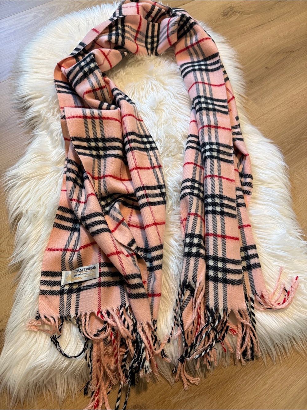 Pink Plaid Cashmere-Blend Fringe Scarf